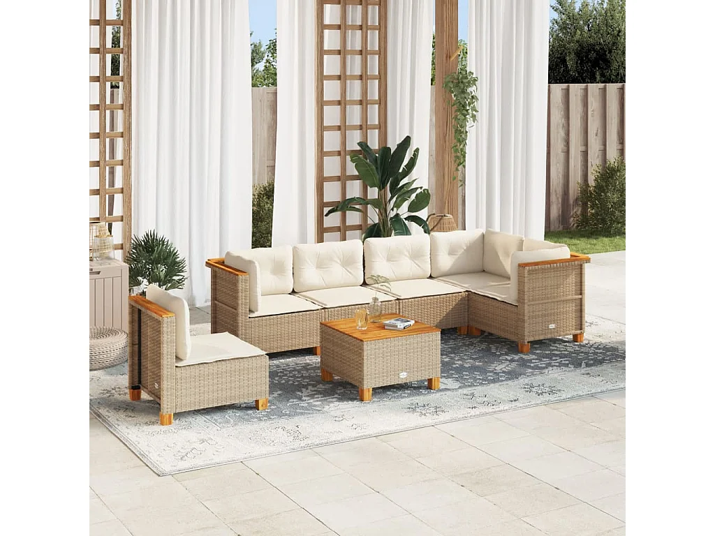 7-delige Loungeset met kussens poly rattan beige