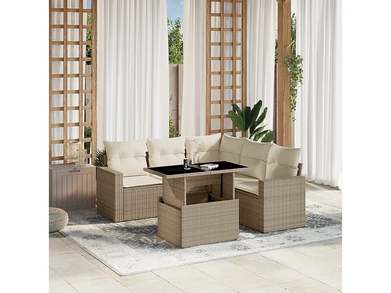 6-tlg. Garten-Sofagarnitur mit Kissen Beige Poly Rattan