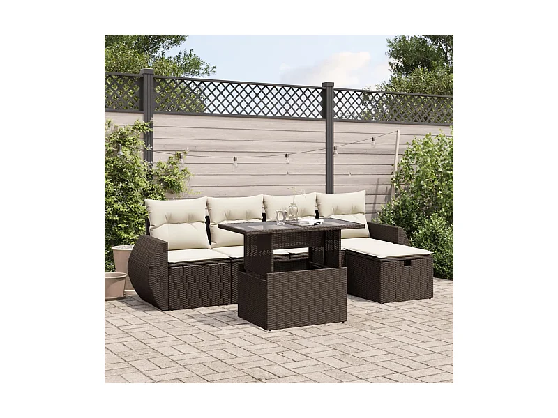 Salon de jardin avec coussins 6 pcs marron résine tressée