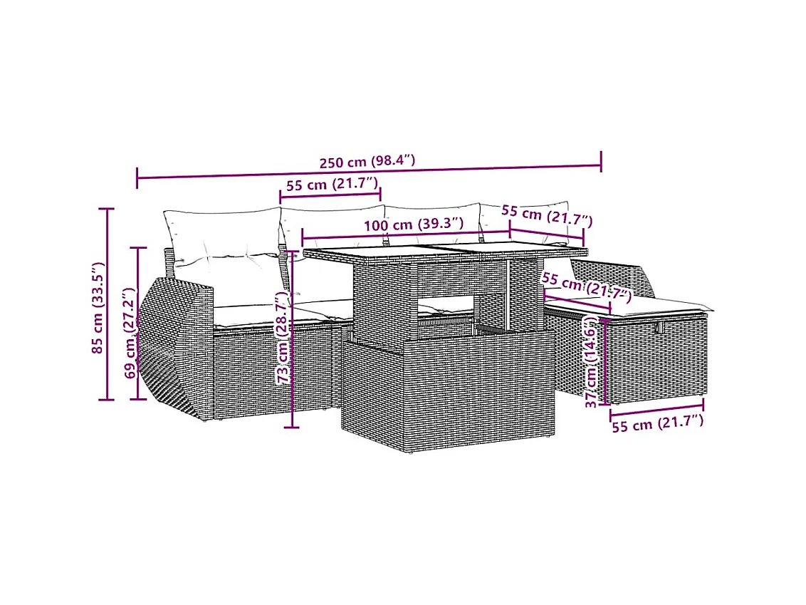 Salon de jardin avec coussins 6 pcs marron résine tressée