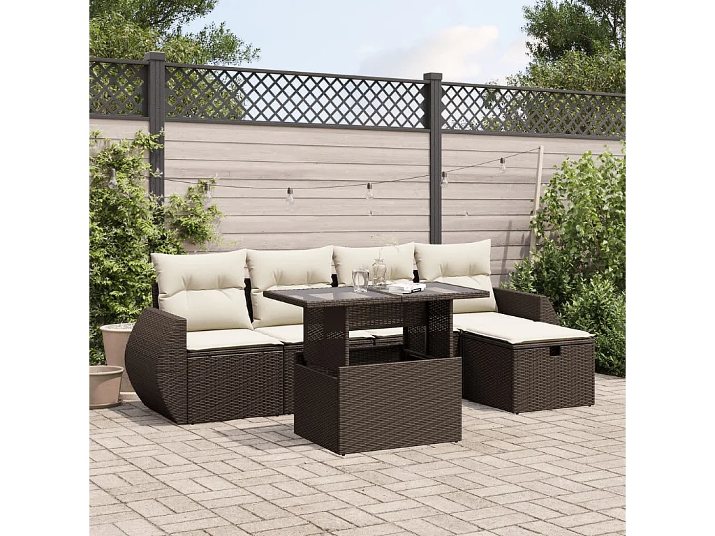 Set Divano da Giardino 6 pz con Cuscini Marrone in Polyrattan