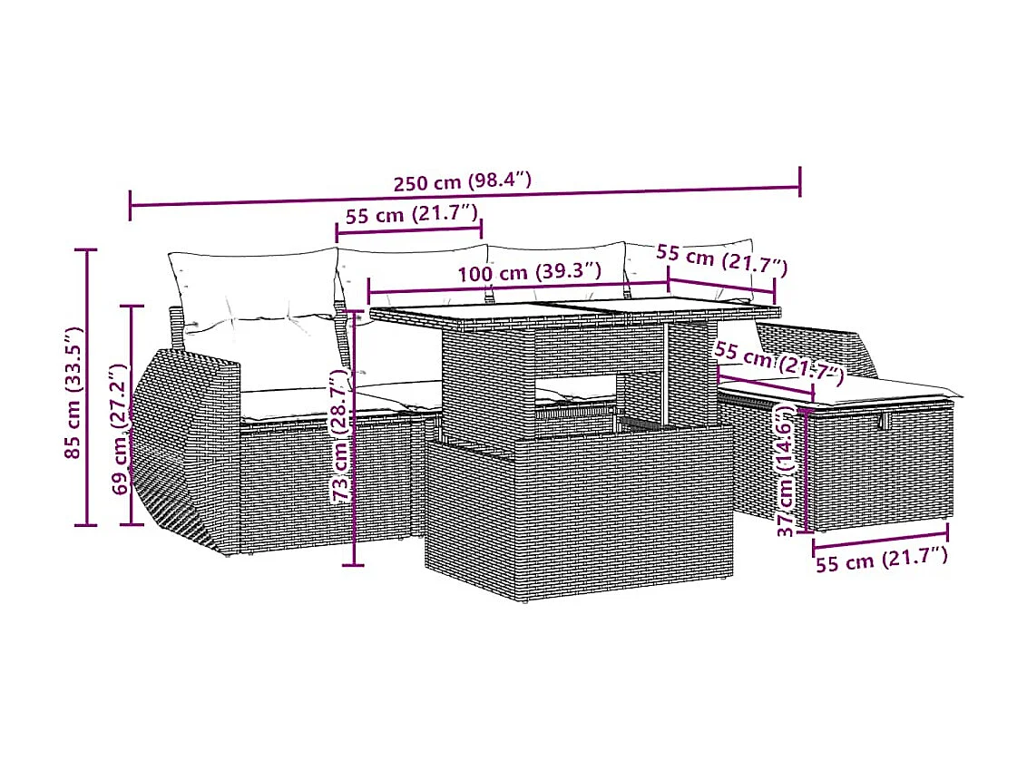Set Divano da Giardino 6 pz con Cuscini Marrone in Polyrattan
