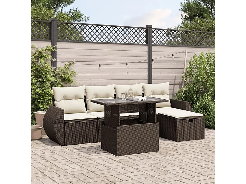 Set Divano da Giardino 6 pz con Cuscini Marrone in Polyrattan