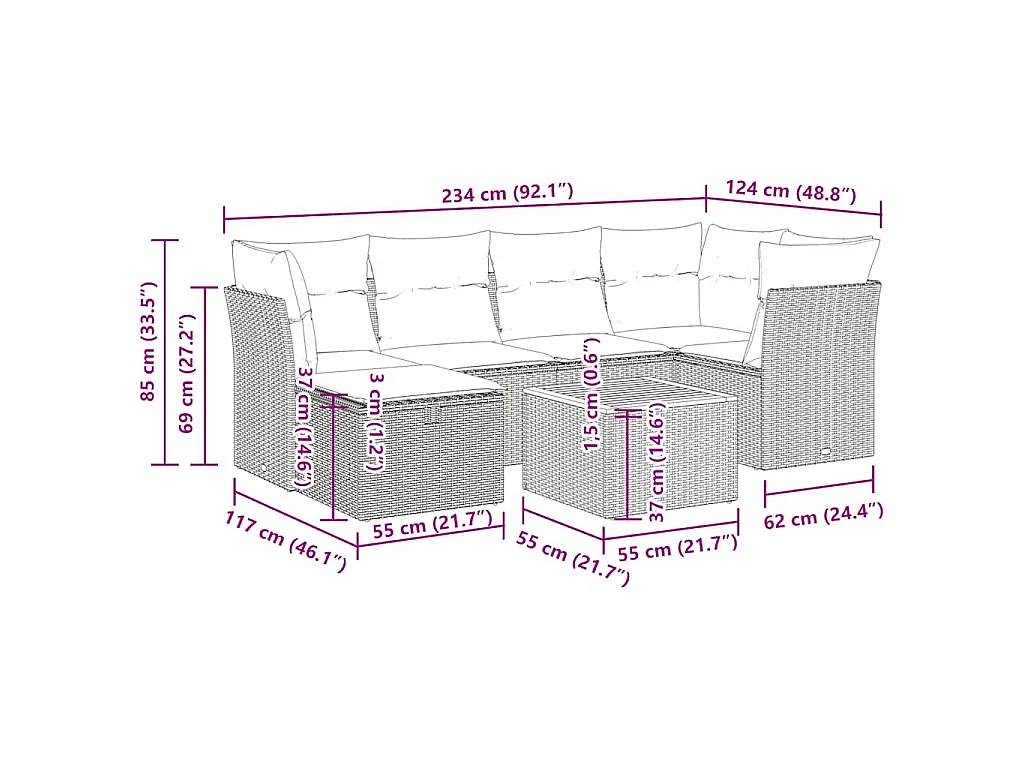7 pcs conjunto de sofás p/ jardim com almofadões vime PE bege