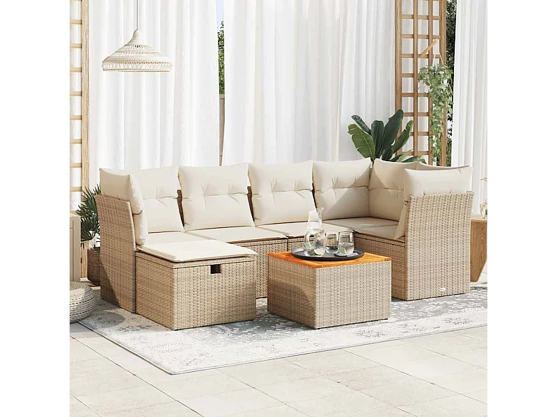 Salon de jardin avec coussins 7 pcs beige résine tressée