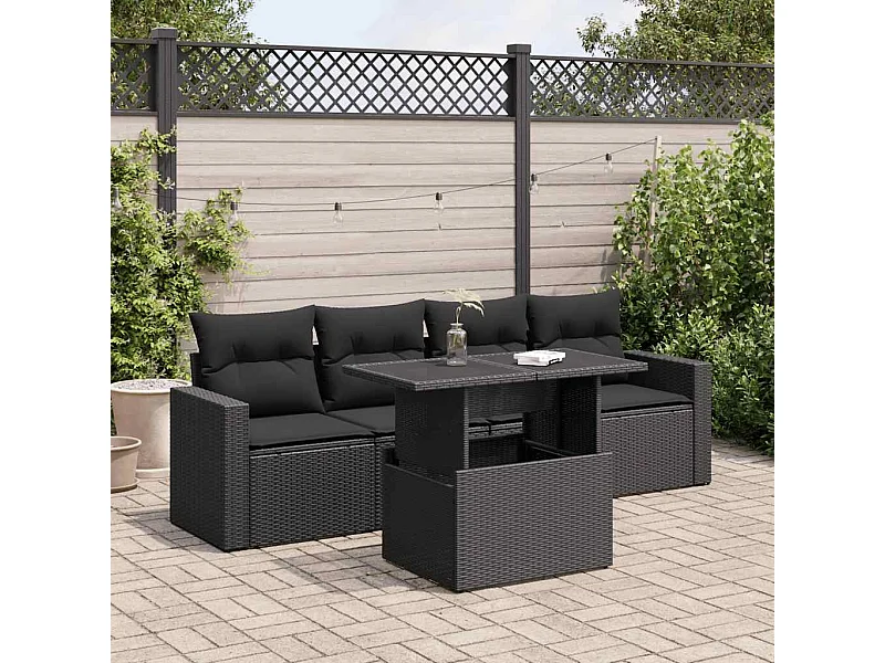 Set Divani da Giardino 5 pz con Cuscini in Polyrattan Nero