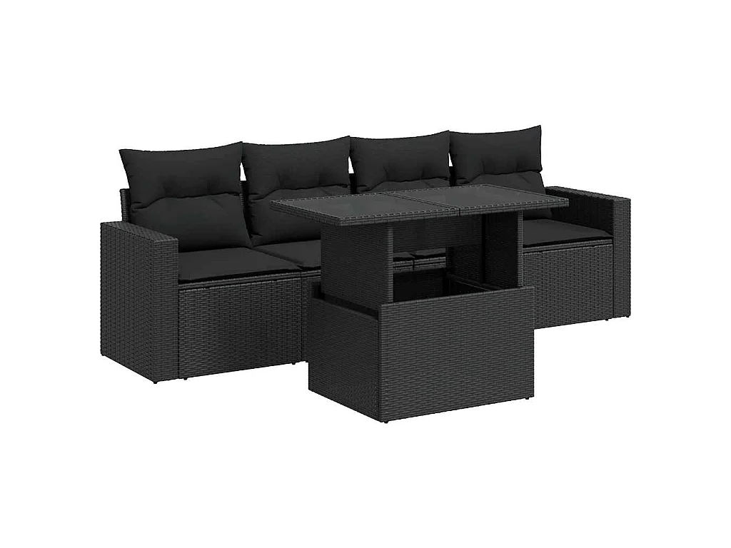 5-tlg. Garten-Sofagarnitur mit Kissen Schwarz Poly Rattan