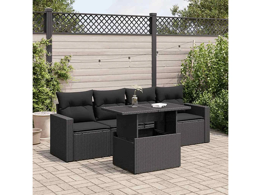 5-tlg. Garten-Sofagarnitur mit Kissen Schwarz Poly Rattan