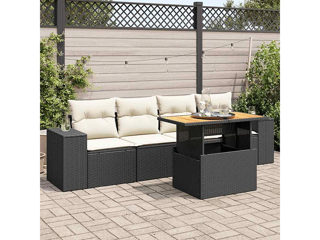 5-tlg. Garten-Sofagarnitur mit Kissen Schwarz Poly Rattan