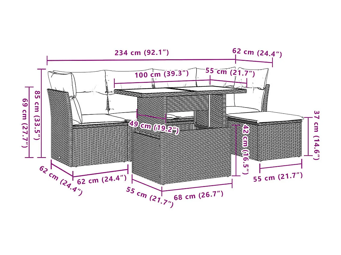 6-tlg. Garten-Sofagarnitur mit Kissen Beige Poly Rattan