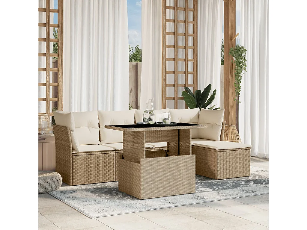 6-tlg. Garten-Sofagarnitur mit Kissen Beige Poly Rattan