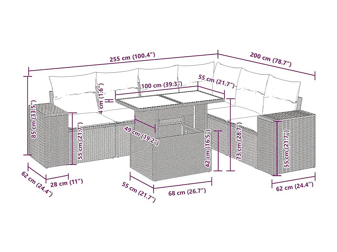 Salon de jardin avec coussins 7 pcs gris clair résine tressée