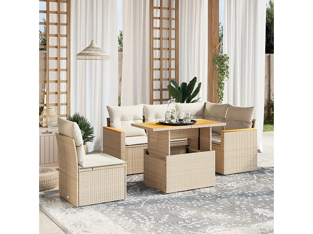 Set Divano da Giardino 6 pz con Cuscini Beige in Polyrattan