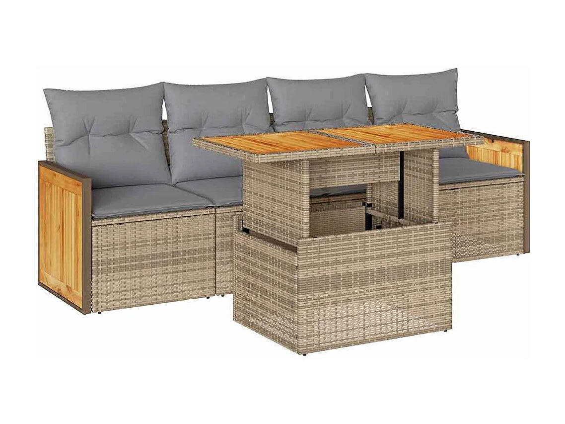 5-delige Loungeset met kussens poly rattan en acaciahout beige