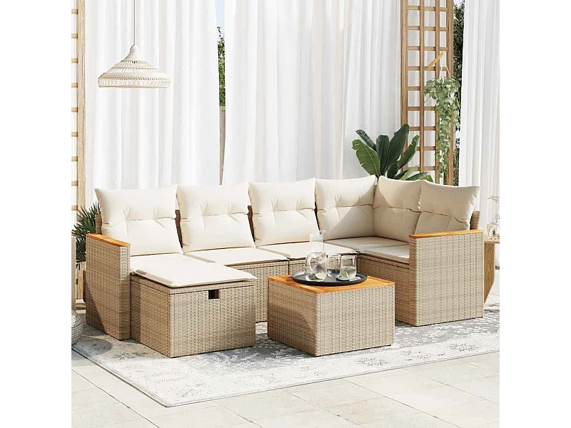 Salon de jardin avec coussins 7 pcs beige résine tressée