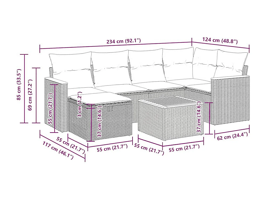 Salon de jardin avec coussins 7 pcs beige résine tressée