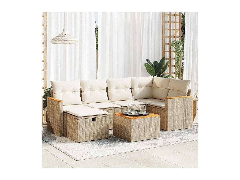 7-delige Loungeset met kussens poly rattan beige
