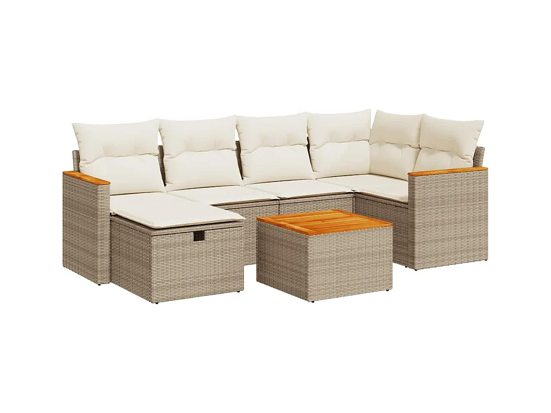 7-tlg. Garten-Sofagarnitur mit Kissen Beige Poly Rattan