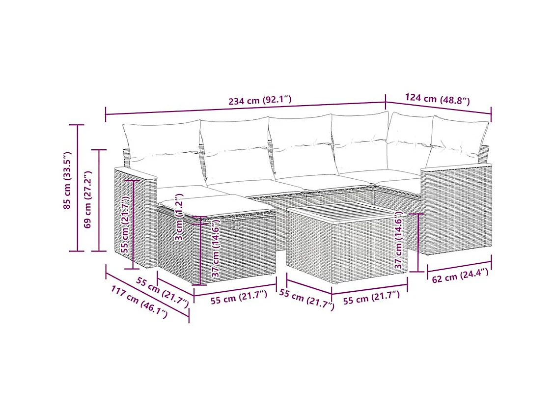 7-tlg. Garten-Sofagarnitur mit Kissen Beige Poly Rattan