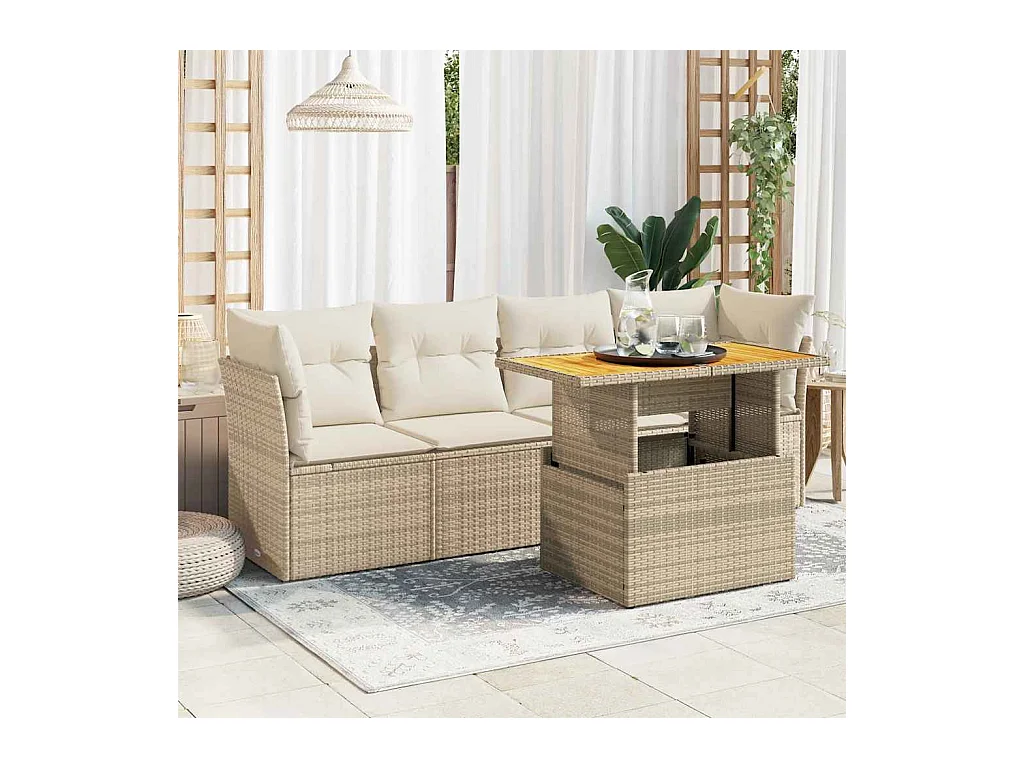 Set Divano da Giardino 5 pz con Cuscini Beige in Polyrattan