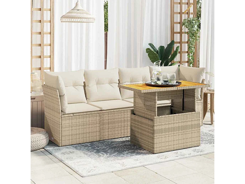 5-tlg. Garten-Sofagarnitur mit Kissen Beige Poly Rattan