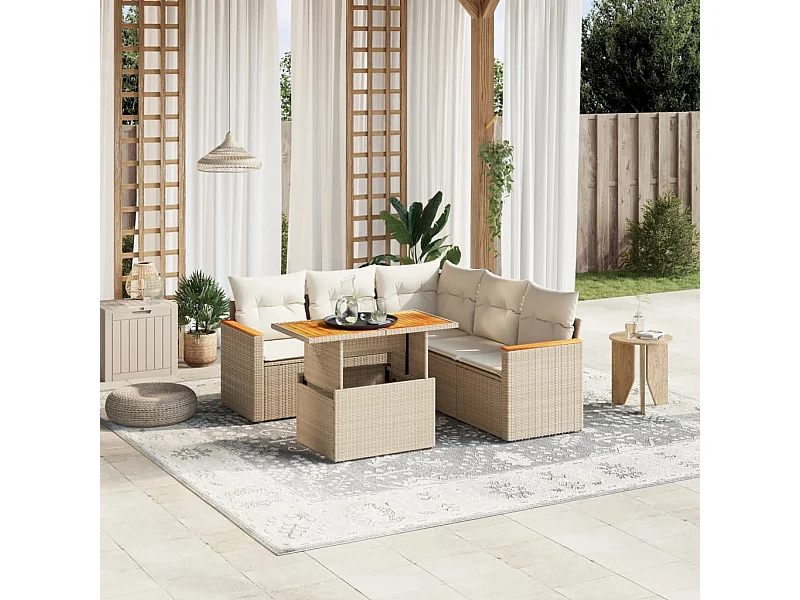 Salon de jardin avec coussins 6 pcs beige résine tressée