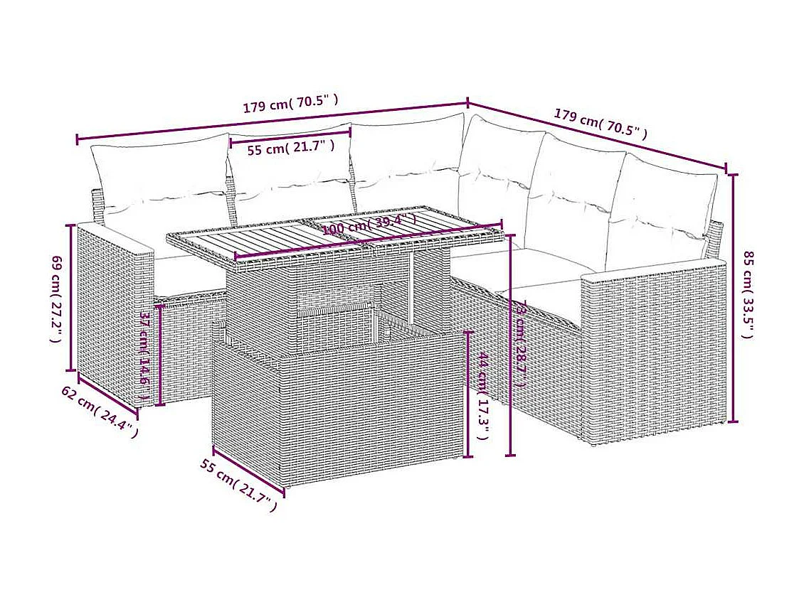Salon de jardin avec coussins 6 pcs beige résine tressée