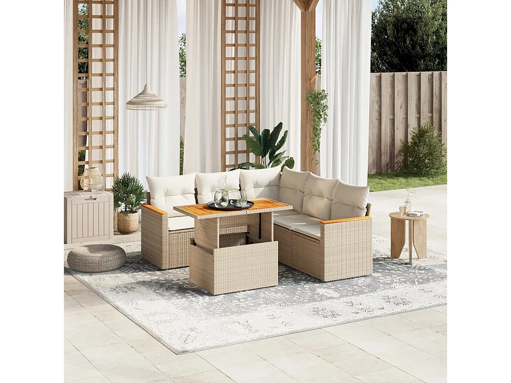 Set Divano da Giardino 6 pz con Cuscini Beige in Polyrattan
