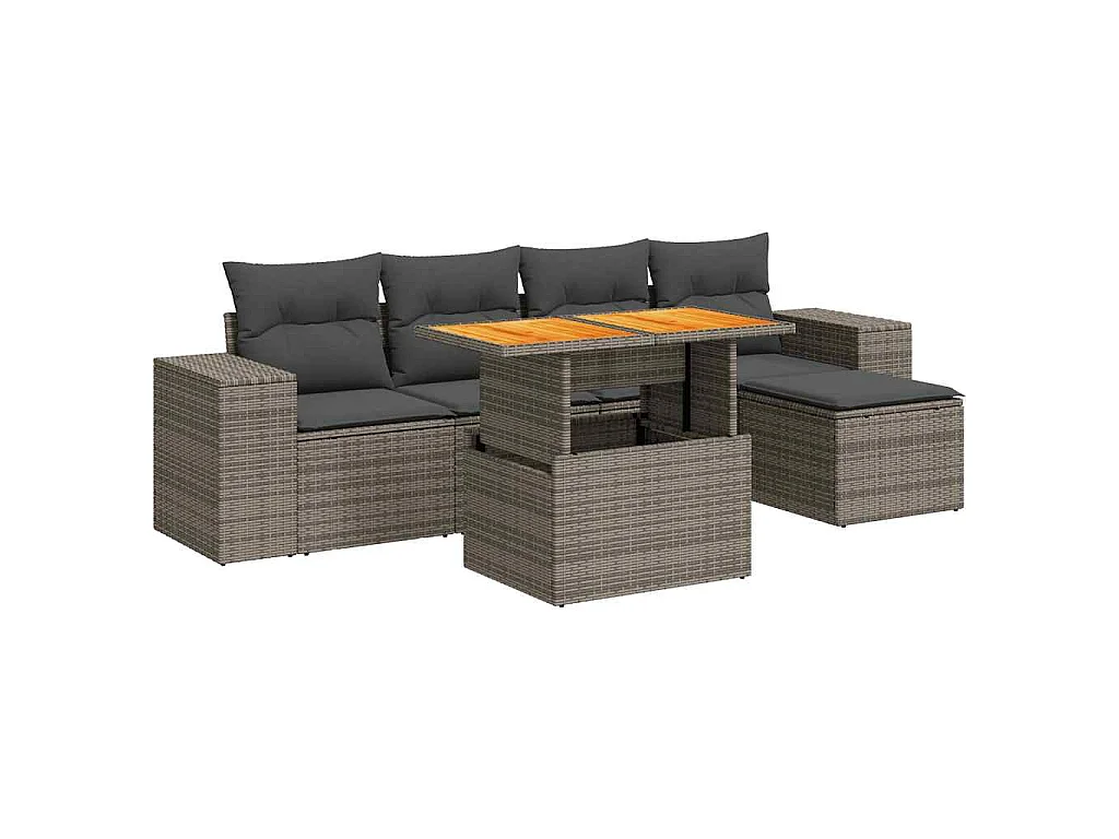 Salon de jardin 6 pcs avec coussins gris résine tressée