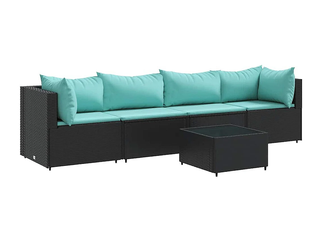 5 pcs conjunto lounge de jardim c/ almofadões vime PE preto