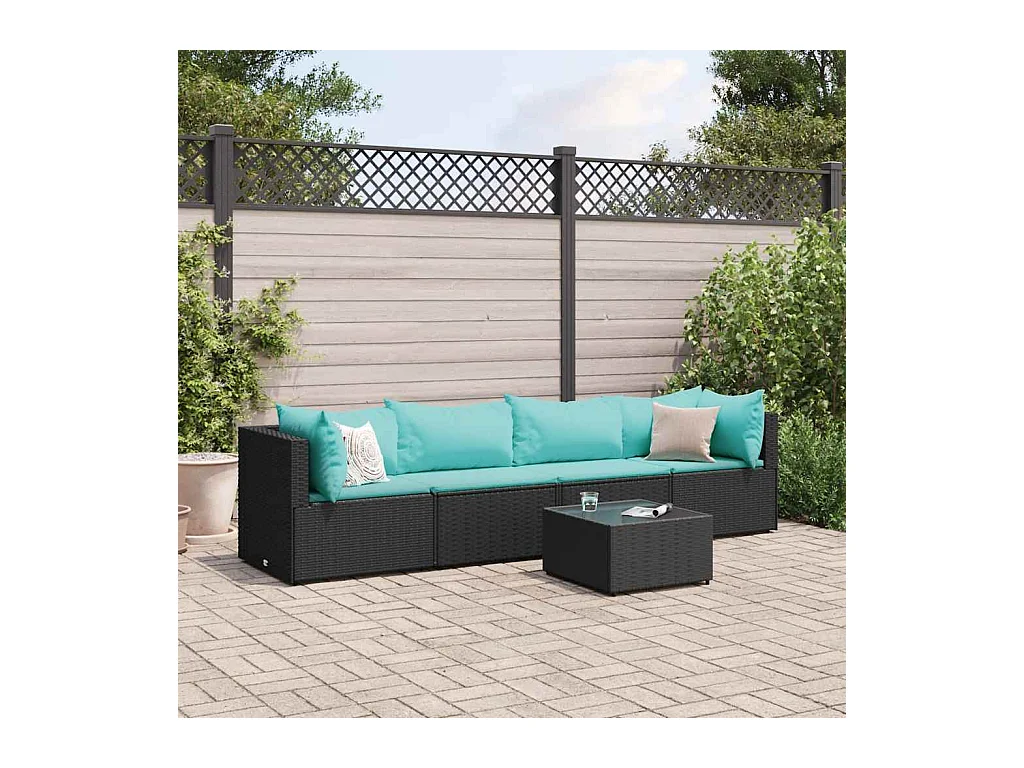 Salon de jardin 5 pcs avec coussins Noir Résine tressée