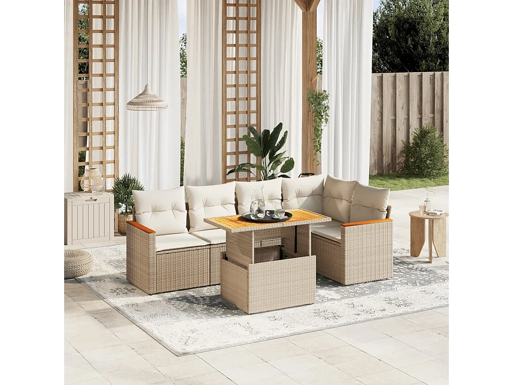 Set Divano da Giardino 6 pz con Cuscini Beige in Polyrattan