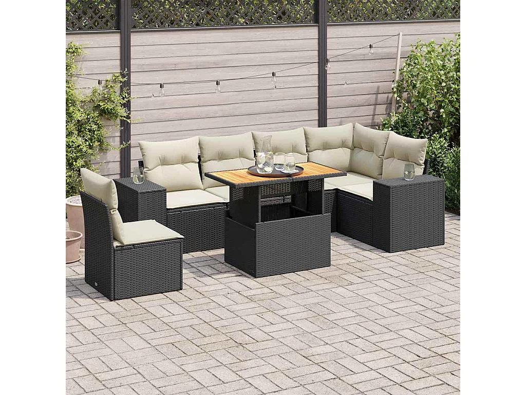 Salon de jardin 7 pcs avec coussins noir résine tressée