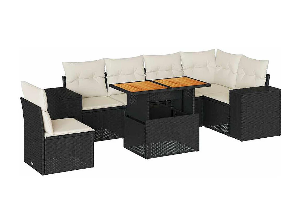 Salon de jardin 7 pcs avec coussins noir résine tressée