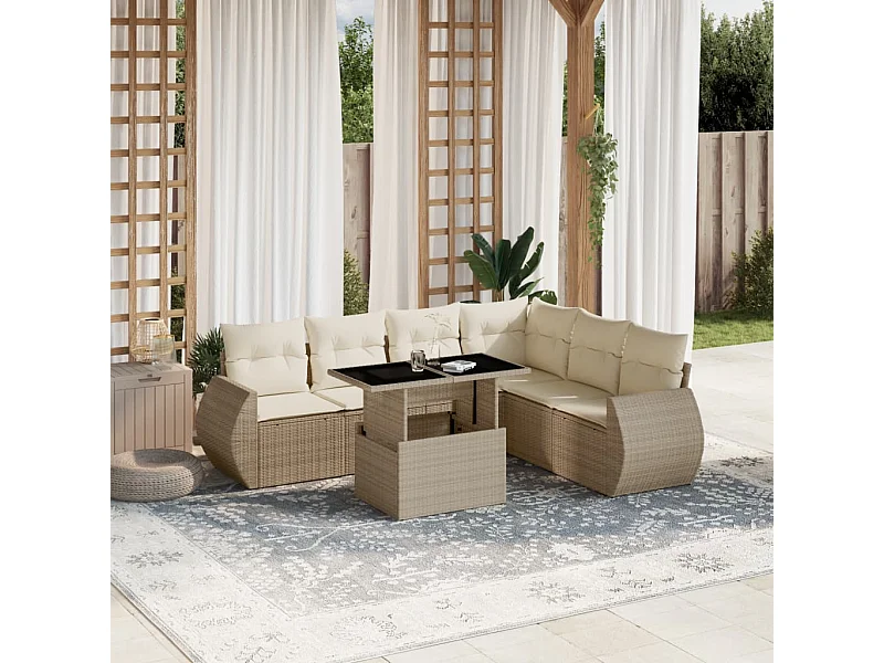 Salon de jardin avec coussins 7 pcs beige résine tressée