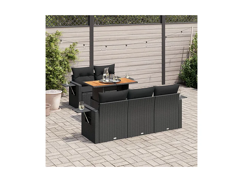 6-tlg. Garten-Sofagarnitur mit Kissen Schwarz Poly Rattan
