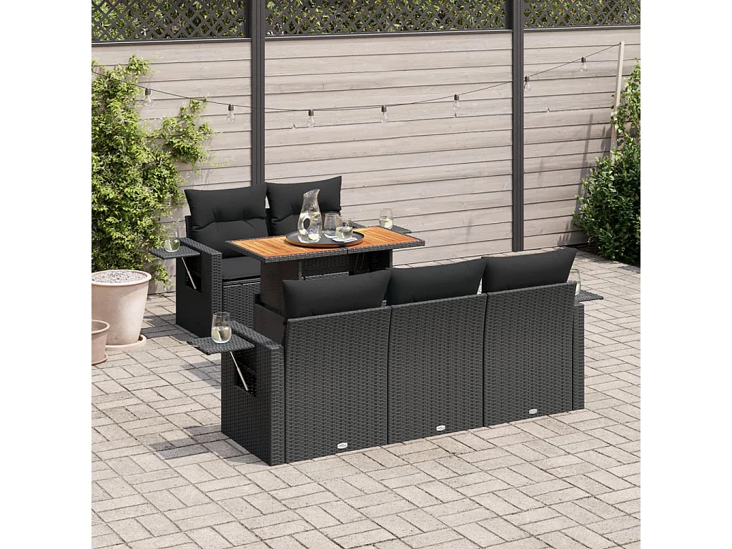 Salon de jardin 6 pcs avec coussins noir résine tressée