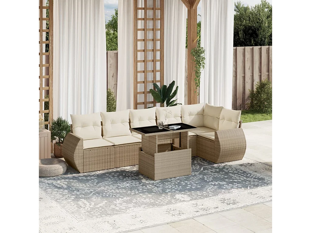 Set Divani da Giardino 7 pz con Cuscini Beige in Polyrattan
