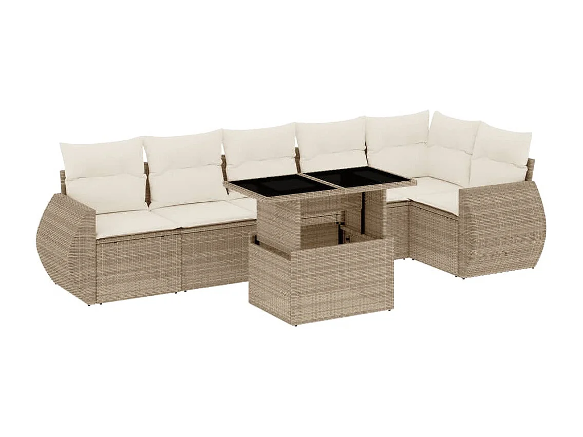 Set Divani da Giardino 7 pz con Cuscini Beige in Polyrattan