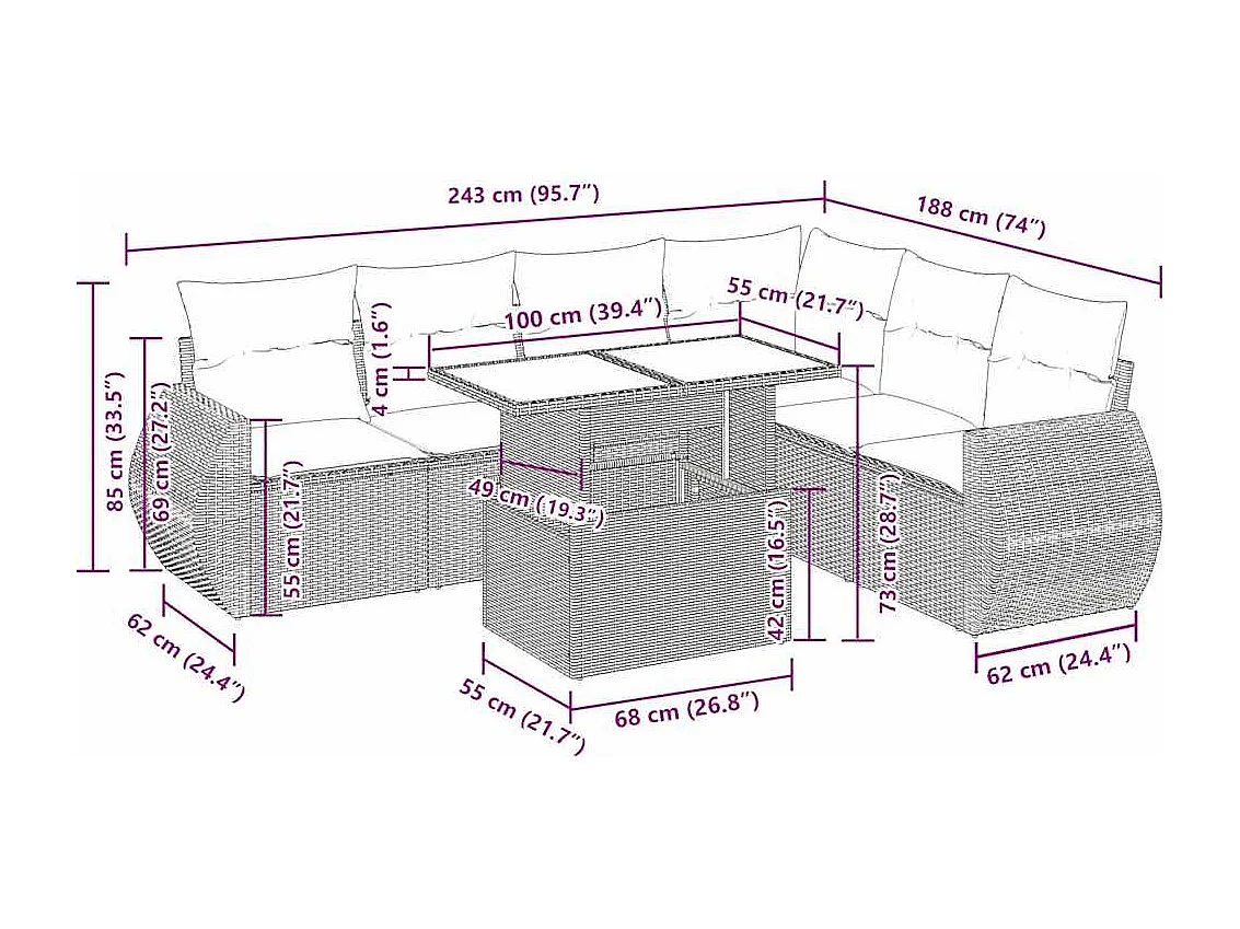7-tlg. Garten-Sofagarnitur mit Kissen Hellgrau Poly Rattan