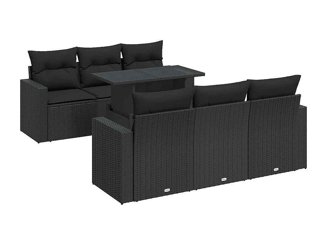 7 pcs conjunto de sofás p/ jardim c/ almofadões vime PE preto