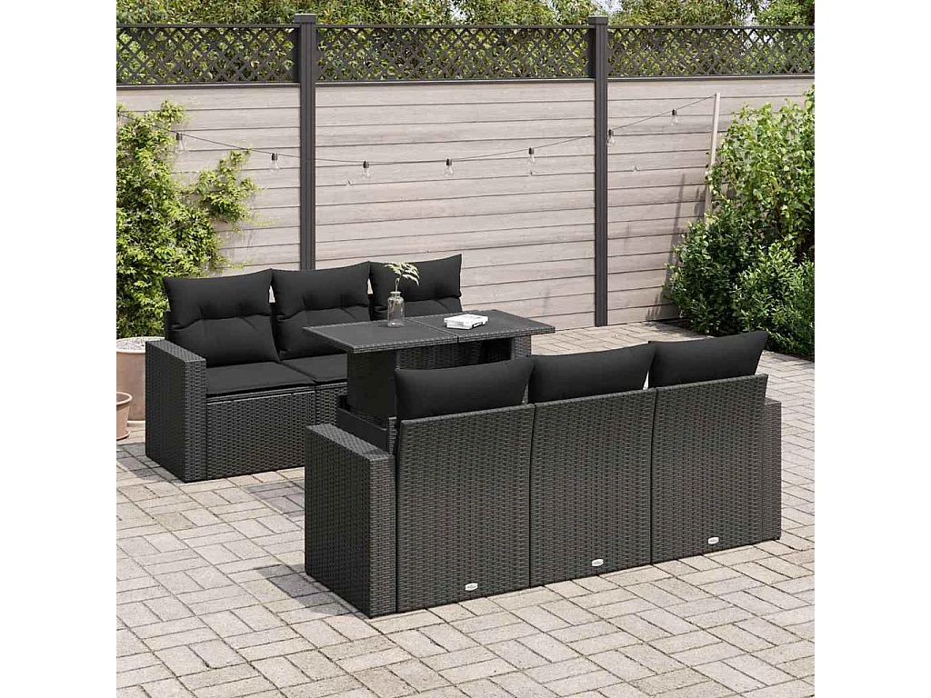 7 pcs conjunto de sofás p/ jardim c/ almofadões vime PE preto