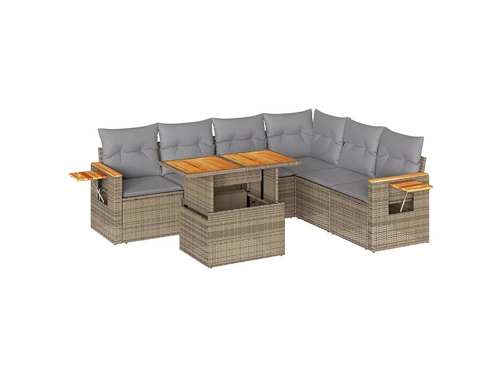 7-delige Loungeset met kussens poly rattan acacia beige