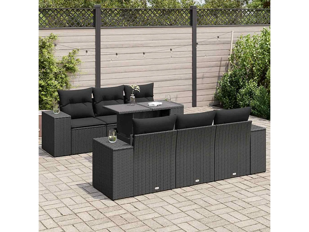 Salon de jardin 7 pcs avec coussins noir résine tressée