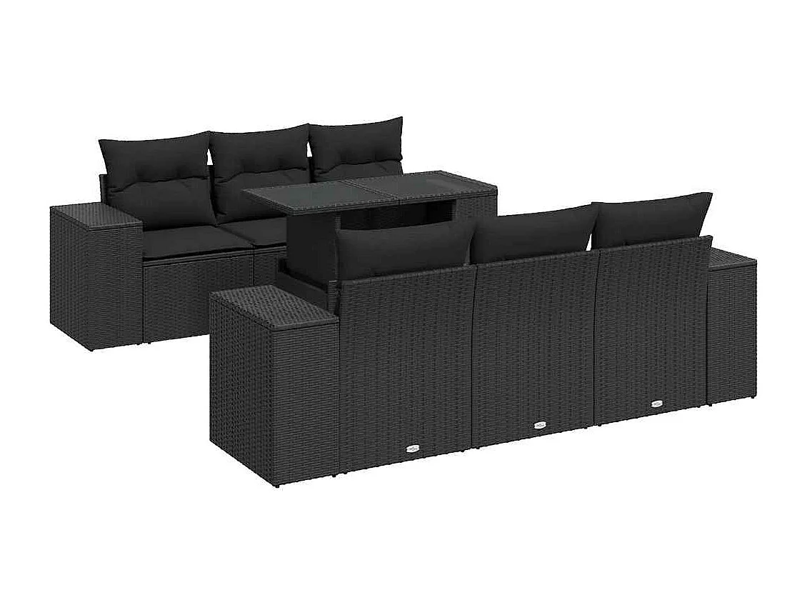 Salon de jardin 7 pcs avec coussins noir résine tressée