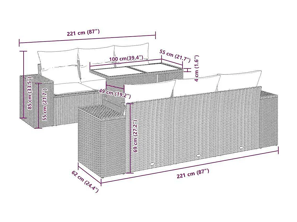 Salon de jardin 7 pcs avec coussins noir résine tressée