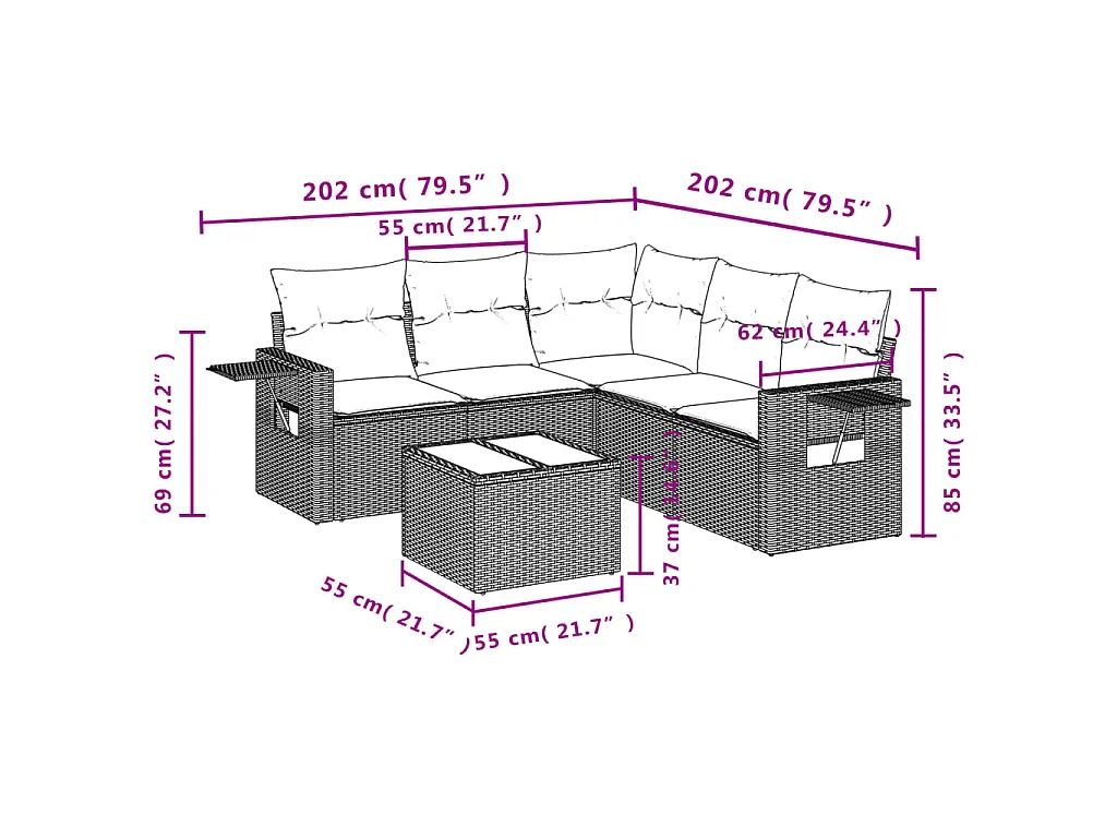 6-delige Loungeset met kussens poly rattan bruin