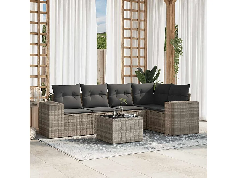 6-tlg. Garten-Sofagarnitur mit Kissen Hellgrau Poly Rattan