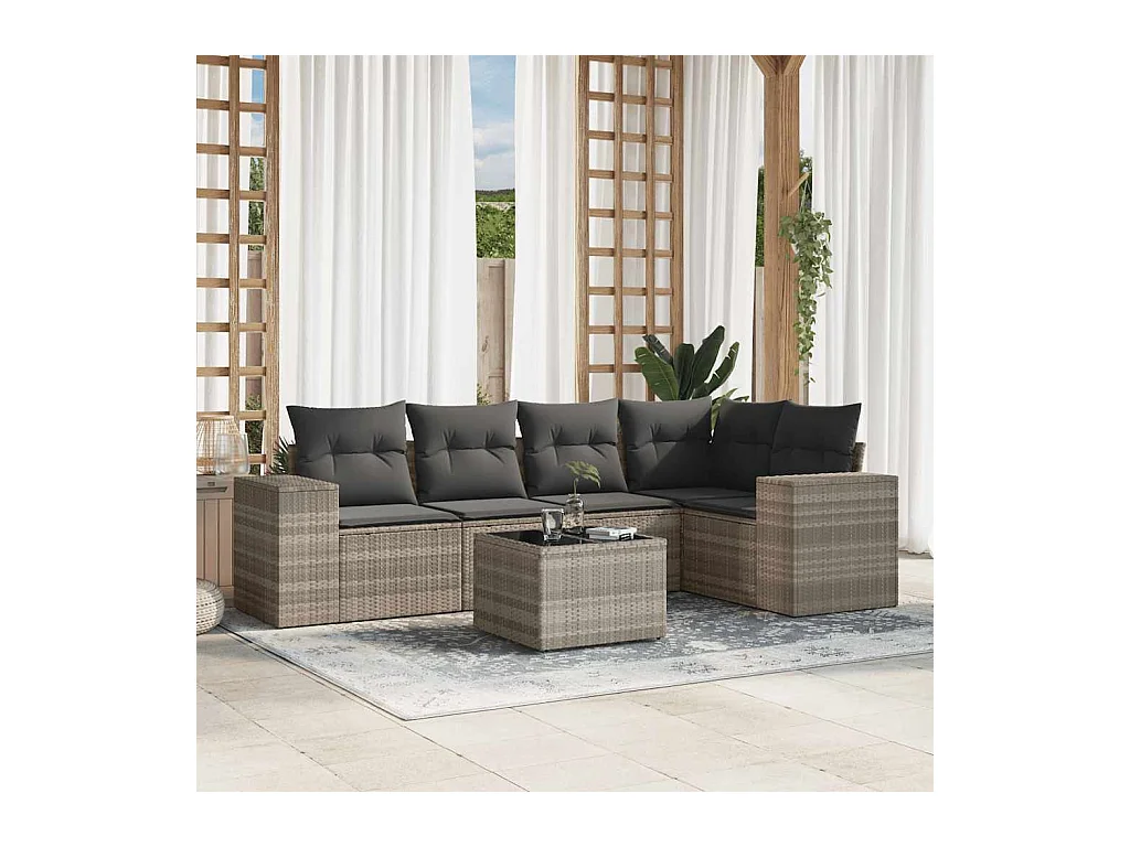 6-tlg. Garten-Sofagarnitur mit Kissen Hellgrau Poly Rattan