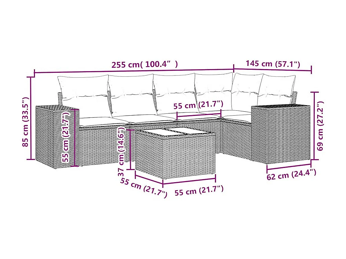 Salon de jardin 6 pcs avec coussins gris clair résine tressée